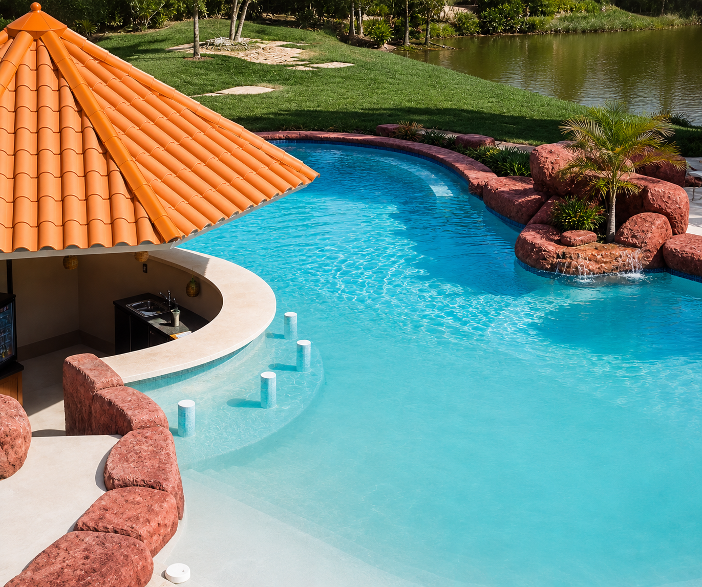 Piscina com bar molhado e pedras naturais